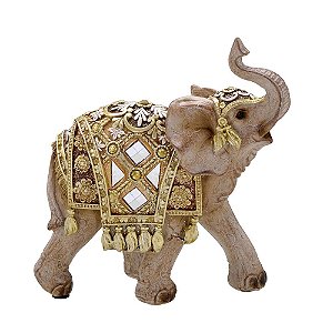 ESCULTURA ELEFANTE DECORATIVO COM DOURADO E PEDRAS P