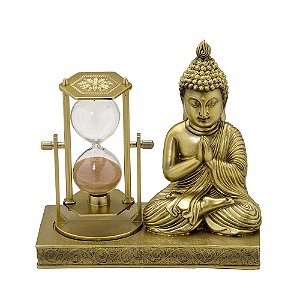 ESCULTURA BUDA COM AMPULHETA DECORATIVO DOURADO MOD2