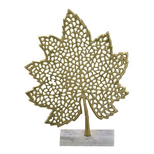 ESCULTURA FOLHA DECOR EM ALUMINIO E BASE DE MARMORE 32cm
