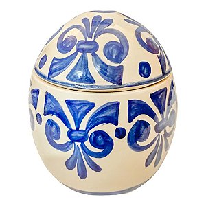 Pote Ovo com tampa em Ceramica Talavera Artesanal Azul e Branco