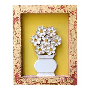 QUADRO AMARELO C/VERMELHO E  VASO DE FLORES BRANCAS MADEIRA