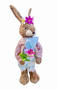 Coelha de Pascoa com vestido florido e casaco rosa e Flores 70cm