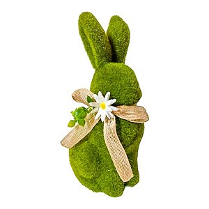 Coelho Musgo Verde com flor Sentado 28 cm