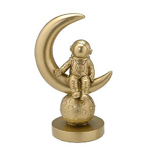 ESCULTURA ASTRONAUTA DECOR NA LUA DOURADO