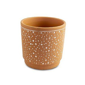 VASO EM CERAMICA TERRACOTA RUSTICO COM BOLAS BRANCAS M