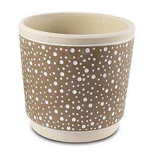 VASO EM CERAMICA BEGE E MARROM COM BOLAS G