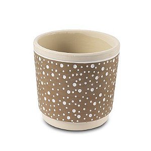 VASO EM CERAMICA BEGE E MARROM COM BOLAS P