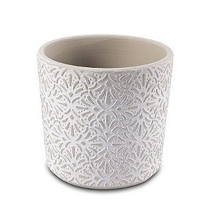 VASO EM CERAMICA TRABALHADO BRANCO E CINZA