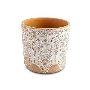 VASO EM CERAMICA DESENHADO TERRACOTA E BRANCO