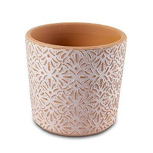 VASO EM CERAMICA TERRACOTA E BRANCO COM DETALHES FLORAIS