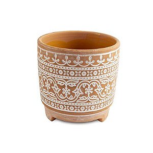 VASO EM CERAMICA TERRACOTA E BRANCO TRABALHADO