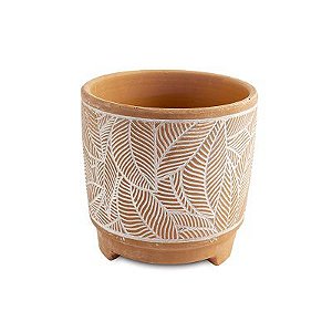 VASO EM CERAMICA COM FOLHAGEM TERRACOTA E BRANCO E PE