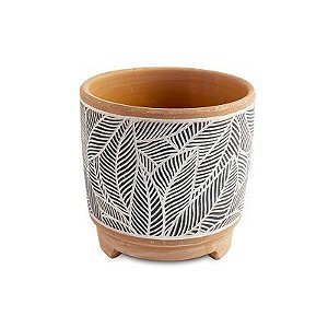 VASO EM CERAMICA COM FOLHAGEM TERRACOTA E PRETO