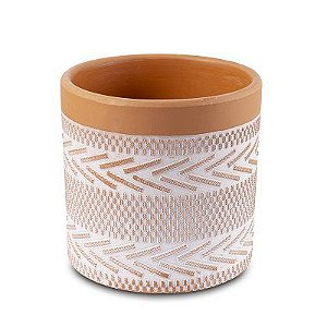 VASO EM CERAMICA TRABALHADO GEOMETRICO TERRACOTA E BRANCO