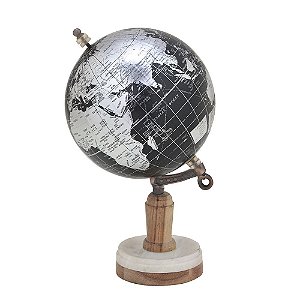 GLOBO DECORATIVO PRETO E PRATA COM PEDESTAL MADEIRA E PEDRA