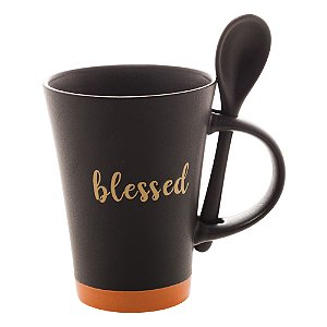 CANECA CERAMICA C/COLHER BLESSED PRETO MATT/LARANJA 310ml