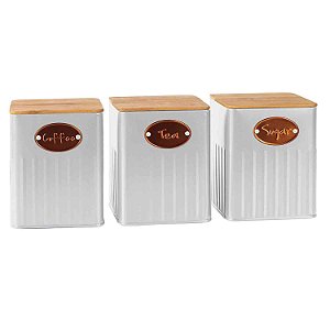 CJ. PORTA CONDIMENTO DE FERRO BRANCO C/ TAMPA MADEIRA  3PC