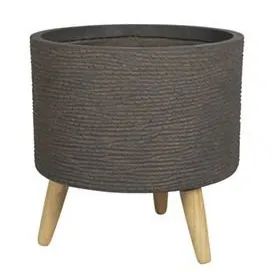 Cachepot de Cimento com Pe de Madeira Riva Taupe M