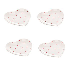 CJ 4 PRATOS P/SOBREMESA DE PORCELANA PETIT POIS CORAÇAO 14cm