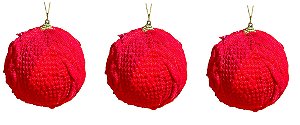 Trio de Bola de Natal Vermelha em trico 10cm