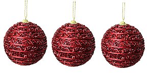 Trio de Bola de Natal Vermelha com barbante Decor 8cm