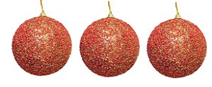 Trio de Bola de Natal Vermelha e Dourada com brilho 10cm