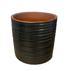 VASO EM CERAMICA PRETO BRILHO COM RANHURAS