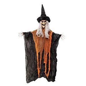 BONECO BRUXA PRETO/LARANJA COM LED HALLOWEEN