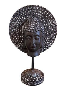 ESCULTURA CABECA DE BUDA DECOR COM BASE ESTILO BRONZE ANTIGO
