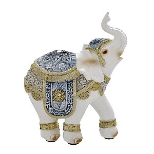 ELEFANTE DECORATIVO EM RESINA BRANCO DOURADO E AZUL