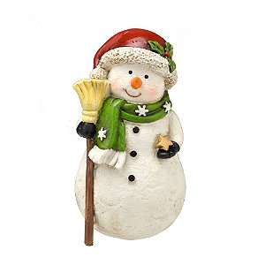 BONECO DE NEVE DECORATIVO EM RESINA COM VASSOURA