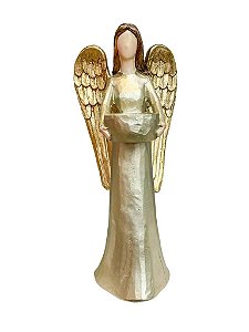 Anjo em Resina com Castiçal Dourado 28cm