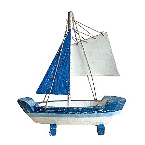 ESCULTURA VELEIRO 2 VELAS MADEIRA TONS/AZUL E BRANCO BALI