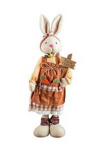 Coelha em tecido com vestido, cenouras e placa Feliz Pascoa