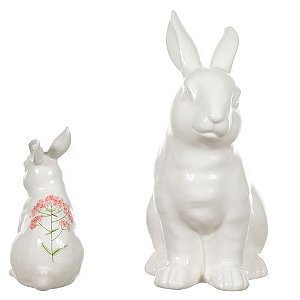 COELHO DE PASCOA DECORATIVO CERAMICA COM FLORES PINTADAS