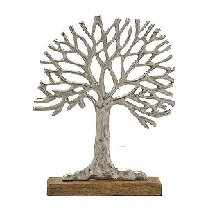 ESCULTURA ARVORE DECORATIVA PRATA BASE EM MADEIRA  36cm