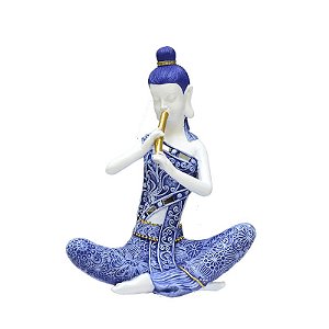 ESCULTURA MULHER TAI TOCANDO FLAUTA AZUL