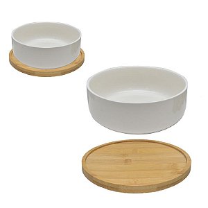 CACHEPOT REDONDO BRANCO COM BASE DE BAMBU DECORATIVO