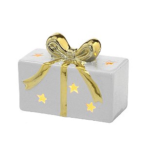 ENFEITE CAIXA NATALINA COM LUZ BRANCA E DOURADA C/LED