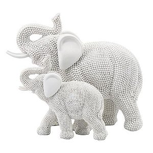 ESCULTURA DECORATIVA ELEFANTE C/FILHOTE DE RESINA BRANCO