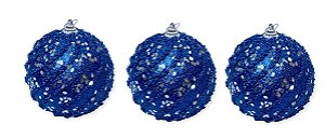 Jg 3 Bolas Natalinas Decorada Azul e Prata 10cm