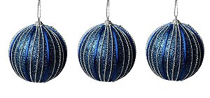 Bola Decorada Azul com detalhes em prata 10cm c/3