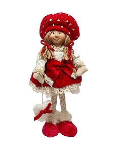 Boneca Menina Decorativa Vermelha e Branca com coraçao  36cm