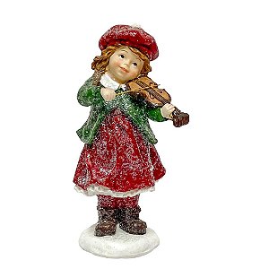 Escultura de Natal Menina com Violino Vermelho e Verde