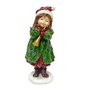 Escultura de Natal Menina com Flauta Verde e Vermelho