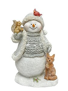 Escultura Boneco de Neve Branco com Esquilo e Cachorro 17cm