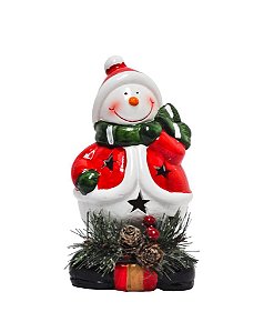 Boneco De Neve Vermelho e Branco em Cerâmica com Pinha