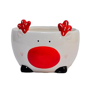 Bowl Decorativo de Natal Rena Vermelho e Branco em Cerâmica