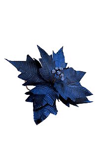 Flor Decorativa Poinsetia Azul em Veludo com Brilho - 29cm