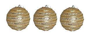 Trio de Bola de Natal Dourada c/ Brilho e textura 10cm